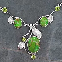 Peridot Y-necklace, 'Dew Blossom' - Green Turquoise and Peridot Handmade Necklace from India