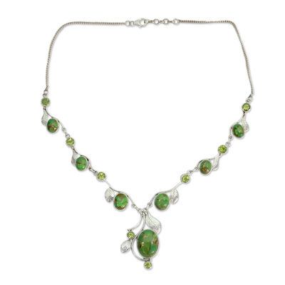 Peridot Y-necklace, 'Dew Blossom' - Green Turquoise and Peridot Handmade Necklace from India