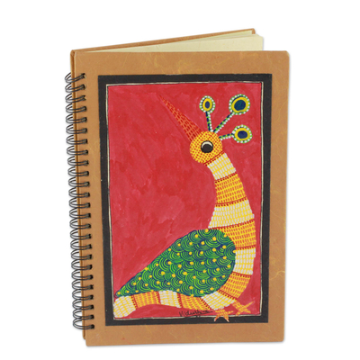 Journal, 'Red Gond Peacock' - Handmade India Tribal Folk Art Journal