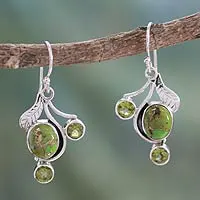 Peridot dangle earrings, 'Dew Blossom' - Indian Green Turquoise and Peridot Earrings