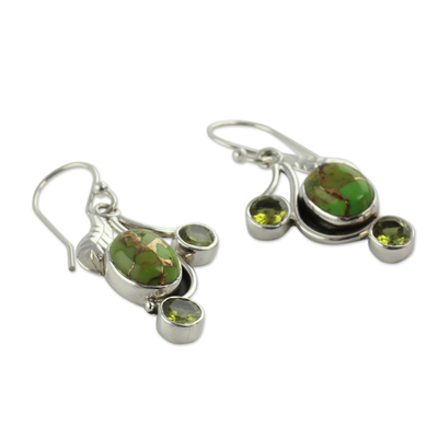 Peridot dangle earrings, 'Dew Blossom' - Green Turquoise and Peridot Earrings from India