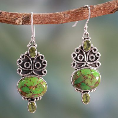 Peridot dangle earrings, 'Morning Joy' - Handcrafted Silver Green Turquoise and Peridot Earrings