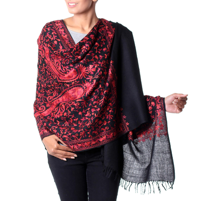 Wool shawl, 'Radiant Paisley' - Chain Stitch Embroidered Red and Black Wool Shawl