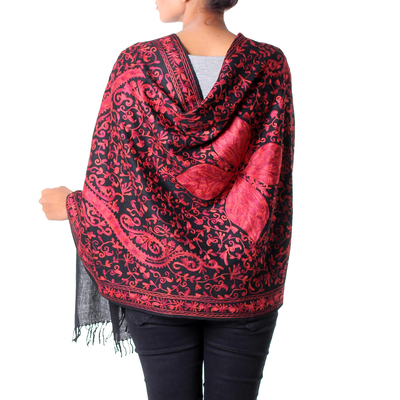 Wool shawl, 'Radiant Paisley' - Chain Stitch Embroidered Red and Black Wool Shawl