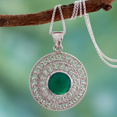Sterling silver pendant necklace, 'Mystical Shield' - Sterling Silver and Green Onyx Necklace from India Jewelry