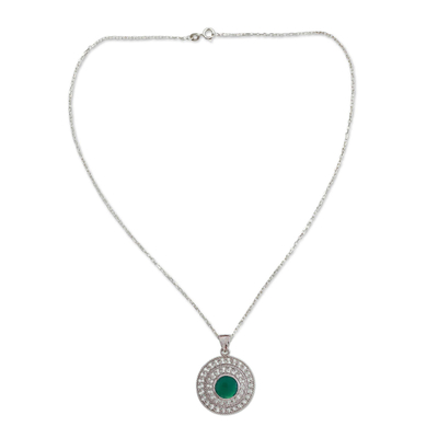 Sterling silver pendant necklace, 'Mystical Shield' - Sterling Silver and Green Onyx Necklace from India Jewellery