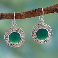 Sterling silver dangle earrings, 'Mystical Shields' - Sterling Silver and Green Onyx Earrings from India Jewelry