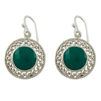 Pendientes colgantes de plata de ley - Pendientes de plata de ley y ónix verde de India Jewelry