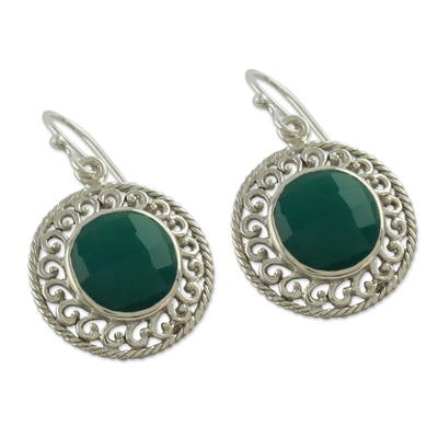 Sterling silver dangle earrings, 'Mystical Shields' - Sterling Silver and Green Onyx Earrings from India Jewelry