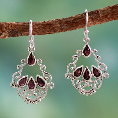 Garnet dangle earrings, 'Mughal Nostalgia' - Garnet Earrings in Artisan Crafted Sterling Silver Jewelry