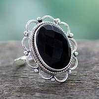 Onyx flower ring, 'Midnight Blossom' - Onyx and Sterling Silver Flower Ring from India