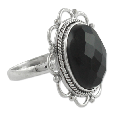 Onyx flower ring, 'Midnight Blossom' - Onyx and Sterling Silver Flower Ring from India