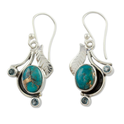 Blue topaz earrings, 'Dew Blossom' - Blue Turquoise and Blue Topaz Handmade Earrings from India