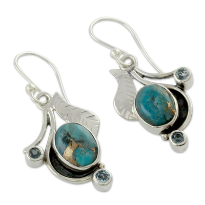 Blue topaz earrings, 'Dew Blossom' - Blue Turquoise and Blue Topaz Handmade Earrings from India