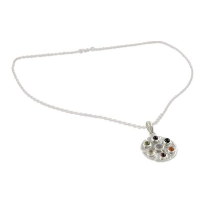 Gemstone pendant necklace, 'Chakra Circle' - Fair Trade 7 Stone Silver Chakra Necklace