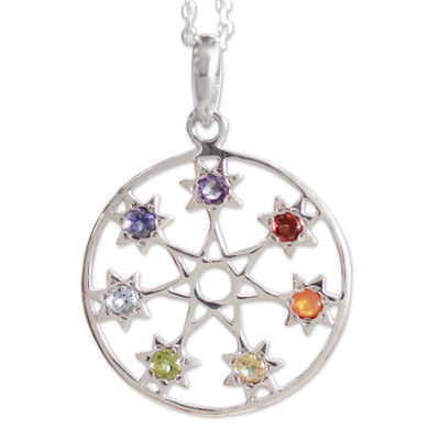 Garnet and amethyst pendant necklace, 'Chakra Stars' - Fair Trade 7 Stone Silver Chakra Necklace