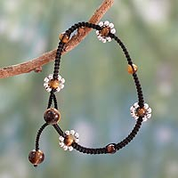 Tiger's eye flower anklet, 'Blossoming Quartet' - Macrame Anklet Crafted by Hand with Tiger's Eye and Silver