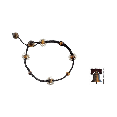 Tiger's eye flower anklet, 'Blossoming Quartet' - Macrame Anklet Crafted by Hand with Tiger's Eye and Silver