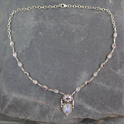 Rainbow moonstone and amethyst pendant necklace, 'Jaipuri Dawn' - Sterling Silver Necklace with Rainbow Moonstone and Amethyst
