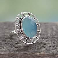 Chalcedony cocktail ring, 'Mumbai Sky' - Modern Silver Ring with Blue Chalcedony