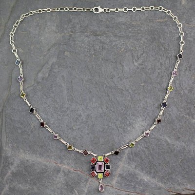 Amethyst and garnet pendant necklace, 'Tropical Celebration' - Handcrafted Gemstone Necklace