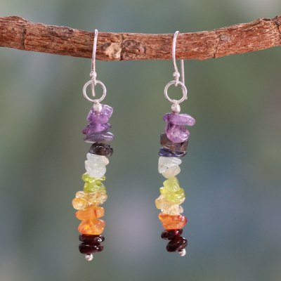 Peridot and carnelian cluster earrings, 'Color Mantra' - Artisan Crafted 7 Stone Chakra Earrings