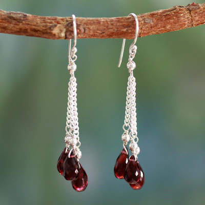 Garnet dangle  earrings, 'Sparkling Wine' - Handcrafted Indian Earrings with Garnet