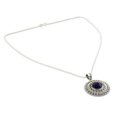 Lapis lazuli pendant necklace, 'Mystical Shield' - Sterling Silver and Lapis Lazuli Necklace from India Jewellery