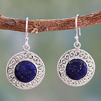 Lapis lazuli dangle earrings, 'Mystical Shield' - Sterling Silver and Lapis Lazuli Earrings from India Jewellery