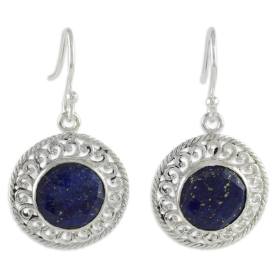 Lapis lazuli dangle earrings, 'Mystical Shield' - Sterling Silver and Lapis Lazuli Earrings from India Jewelry
