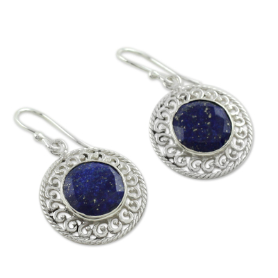 Lapis lazuli dangle earrings, 'Mystical Shield' - Sterling Silver and Lapis Lazuli Earrings from India Jewelry