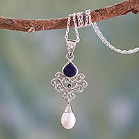 Cultured pearl and lapis lazuli pendant necklace, 'Azure Crown'