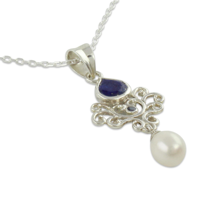 Cultured pearl and lapis lazuli pendant necklace, 'Azure Crown' - Artisan Crafted Pearl and Lapis Necklace