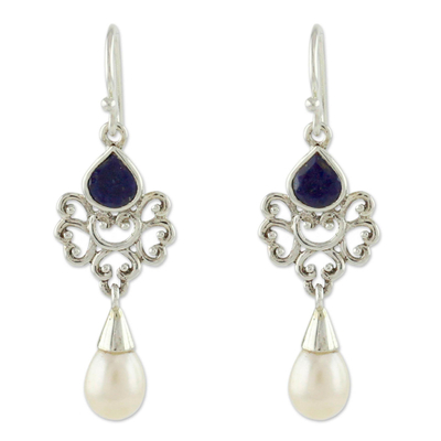 Cultured pearl and lapis lazuli dangle earrings, 'Azure Crown' - Artisan Crafted Pearl and Lapis Earrings
