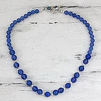 Chalcedony strand necklace, 'Heavenly Sky' - Blue Chalcedony Beaded and Sterling Silver Necklace