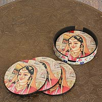 Wood coasters, 'Mughal Muse' (set of 4) - Indian Princess Coasters and Holders (set of 4)
