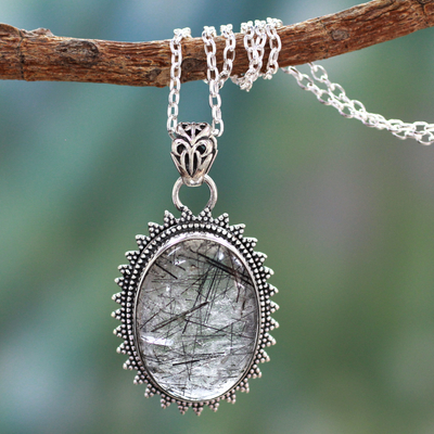 Tourmalinated quartz pendant necklace, 'Forest Moon' - Tourmalinated Quartz Necklace India Sterling Silver Jewellery