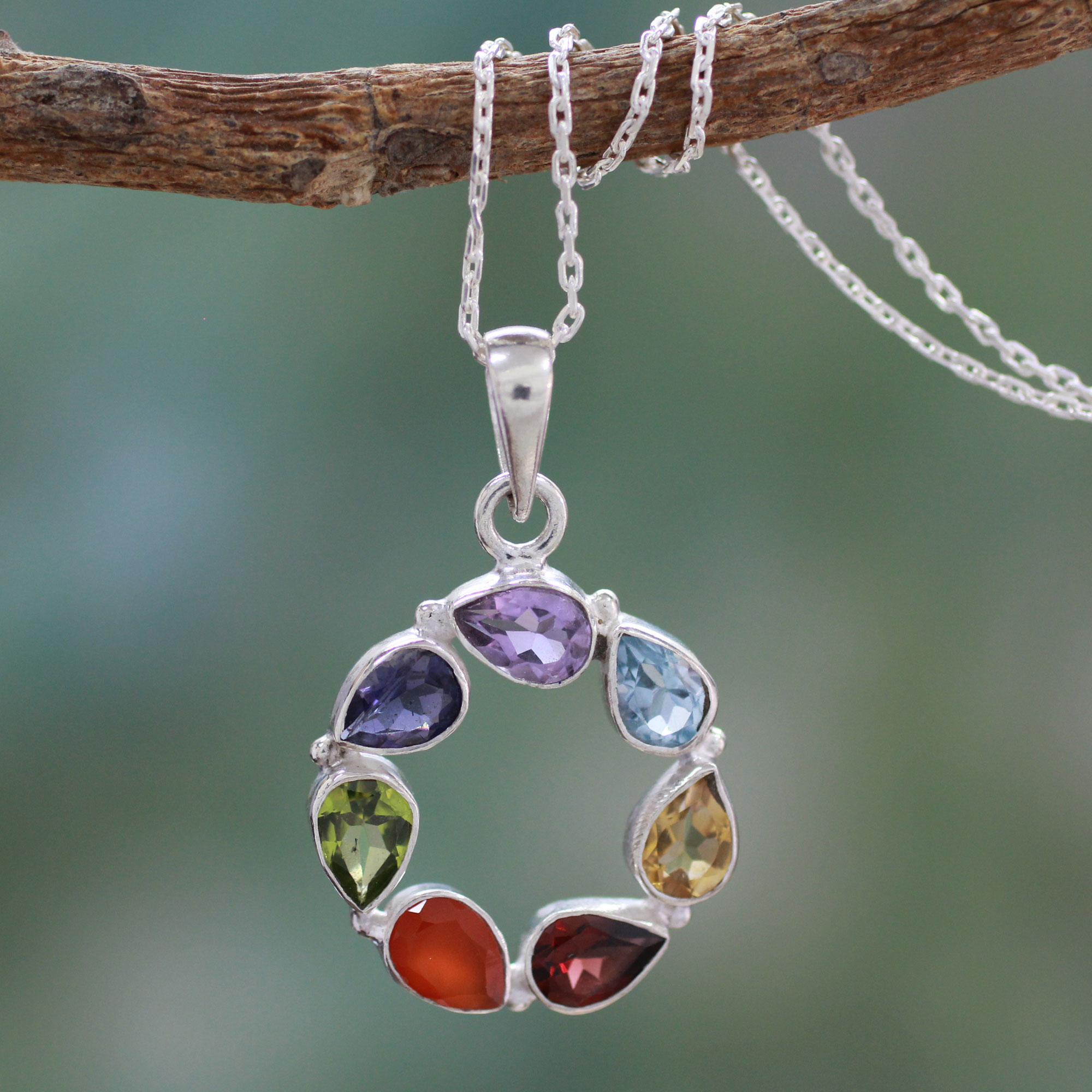 Sterling Silver Plated Gorgeous Large Pendant with Seven 7 Different Gemstones