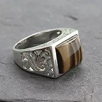 Men's tiger's eye ring, 'Warmth' - Hand Crafted Sterling Silver and Tiger Eye Men's Ring