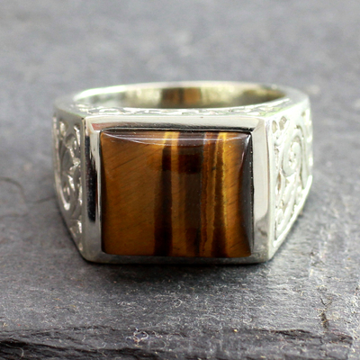 Men's tiger's eye ring, 'Warmth' - Hand Crafted Sterling Silver and Tiger Eye Men's Ring