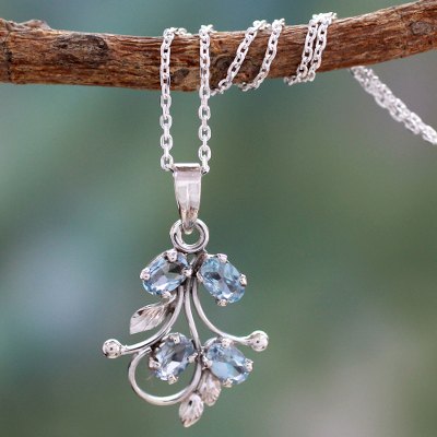 Blue topaz pendant necklace, 'Sonnet' - India Blue Topaz Pendant Necklace