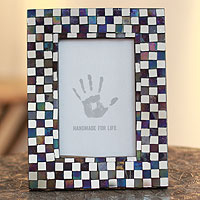 Mosaic glass photo frame, 'Memoirs of Amethyst and Silver' (4x6) - Handcrafted Glass Tile Photo Frame (4x6)