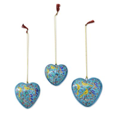 Papier mache ornaments, 'Christmas Songbirds' (set of 3) - Handmade Papier Mache Heart Ornaments (Set of 3)