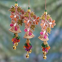 Beaded ornaments, 'Bells and Mistletoe' (set of 3) - Embroidered Beaded Ornaments from India (set of 3)