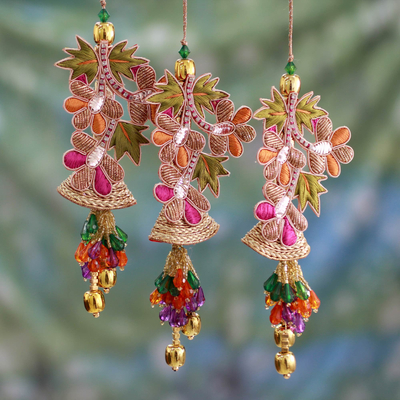 Beaded ornaments, 'Bells and Mistletoe' (set of 3) - Embroidered Beaded Ornaments from India (set of 3)