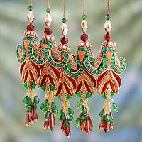 Beaded ornaments, 'Mughal Tulips' (set of 5)