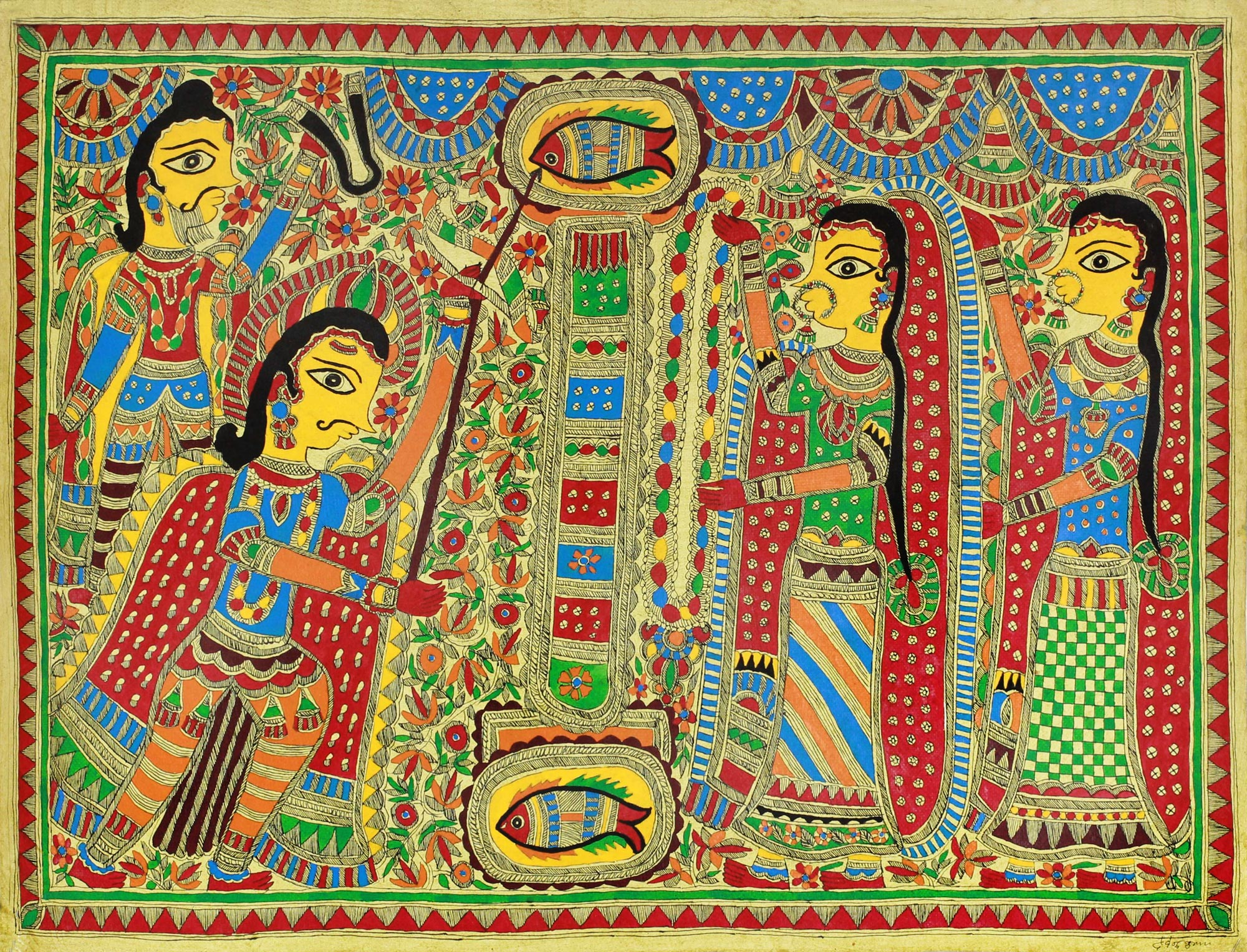Hindu Art Madhubani Painting on Handmade Paper - Arjuna and Draupadi Marry  | NOVICA