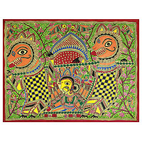 Madhubani painting, 'Durga's Marriage' - Original Madhubani Folk Art Painting of Goddess Durga