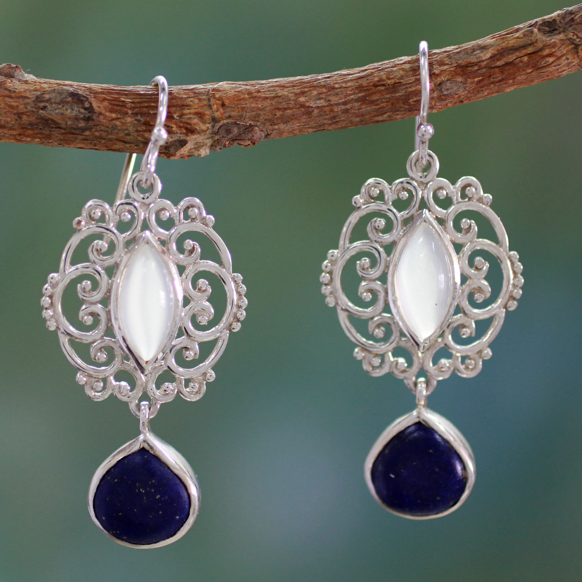 Moonstone Lapis Lazuli and Silver Earrings from India - Simply ...