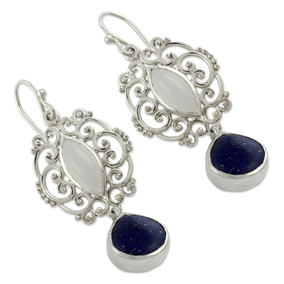 Moonstone and lapis lazuli dangle earrings, 'Simply Sumptuous' - Moonstone Lapis Lazuli and Silver Earrings from India
